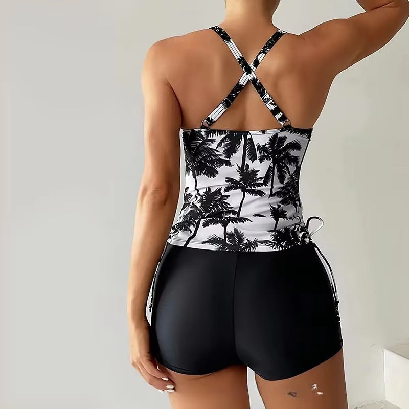 Elisa Black & White Palm Print Tankini Short Set