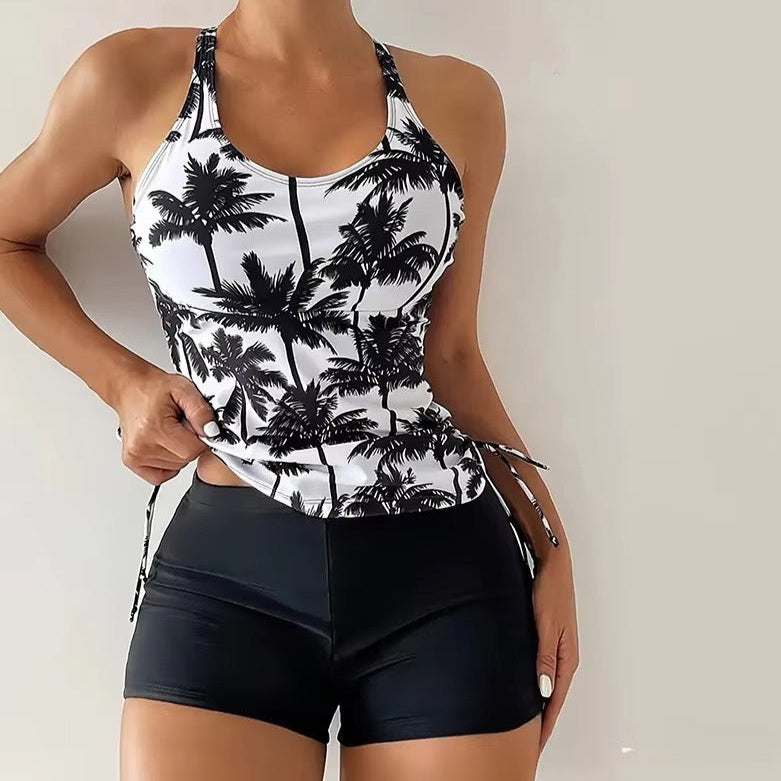 Elisa Black & White Palm Print Tankini Short Set