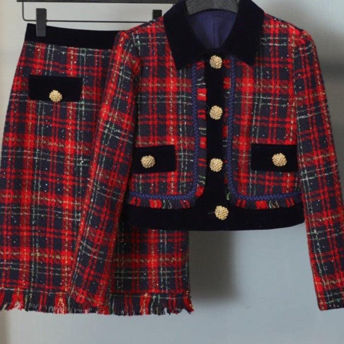 Penelope Tartan Tweed Skirt & Jacket Two Piece Set - Maria Palagano