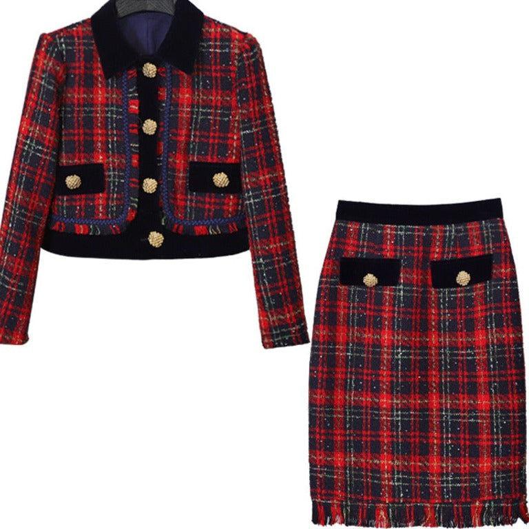 Penelope Tartan Tweed Skirt & Jacket Two Piece Set - Maria Palagano