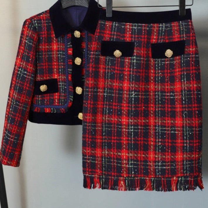 Penelope Tartan Tweed Skirt & Jacket Two Piece Set - Maria Palagano