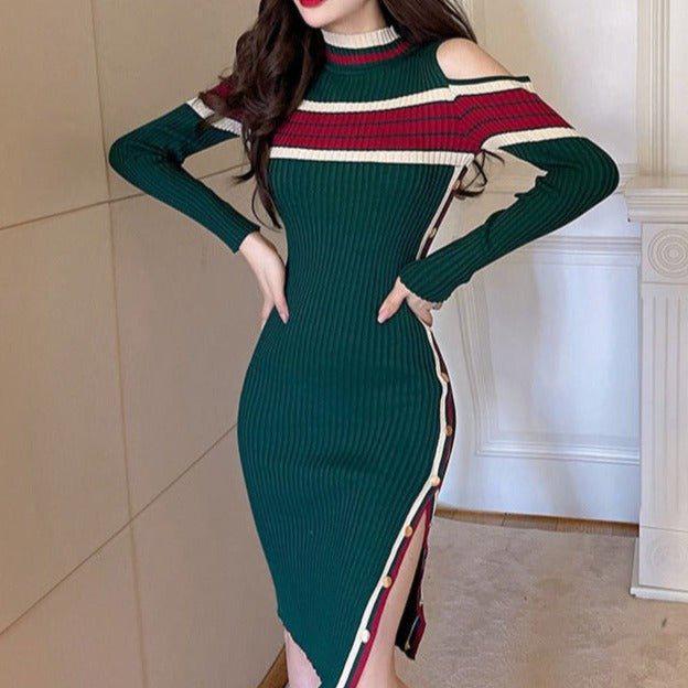 Izabella Striped Luxe Bodycon Midi Knitted Dress - Maria Palagano